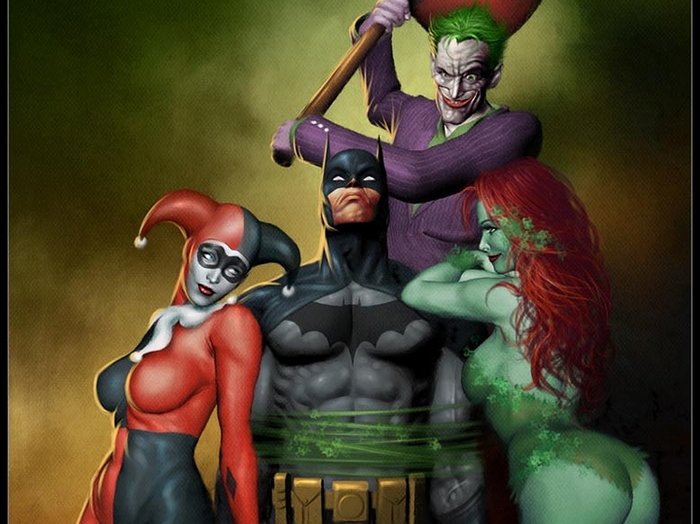 Batman, Joker, Harley Quinn, and Poison Ivy