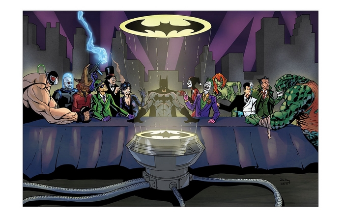 Batman and villains at a table