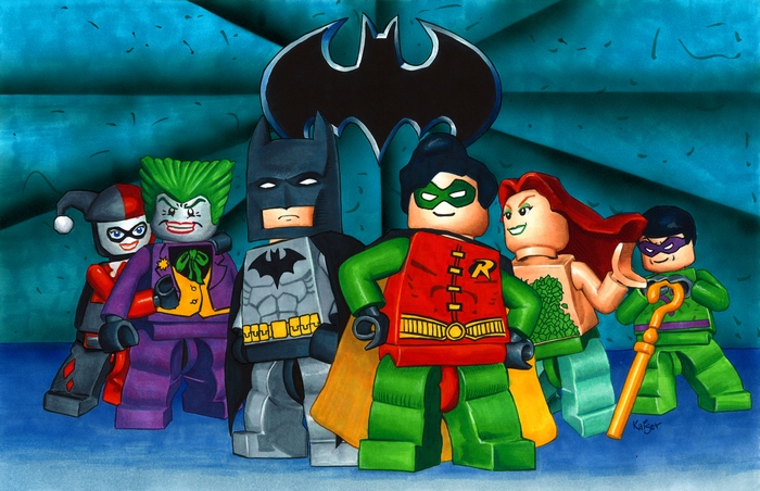 Lego Batman characters including Joker, Harley Quinn, Robin, Poison Ivy, Riddler, and Batman