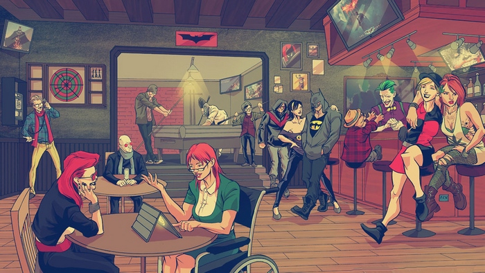 Poison Ivy and friends at a bar