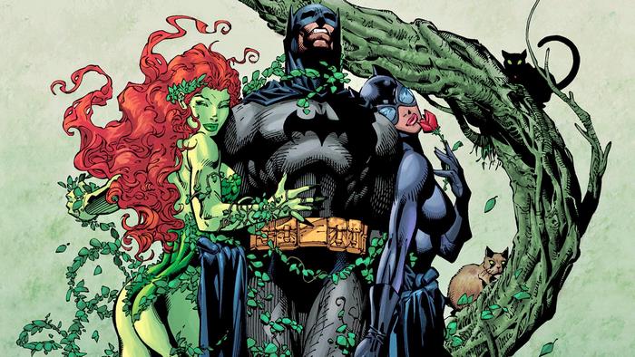 Batman, Catwoman, and Poison Ivy with cats