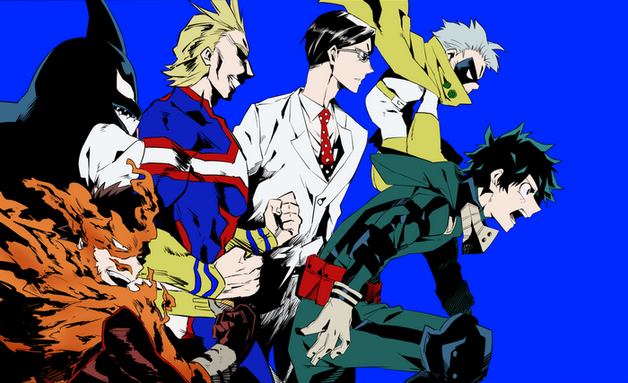 My Hero Academia characters on blue background