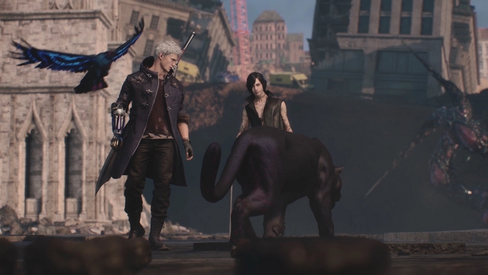 Nero and V from Devil May Cry 5 with familiars