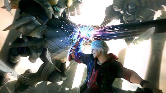 Nero from Devil May Cry fighting a large demon