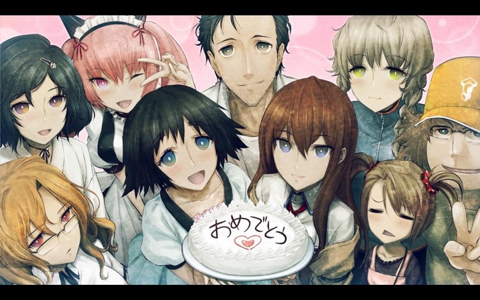 Steins;Gate characters celebrating with a cake