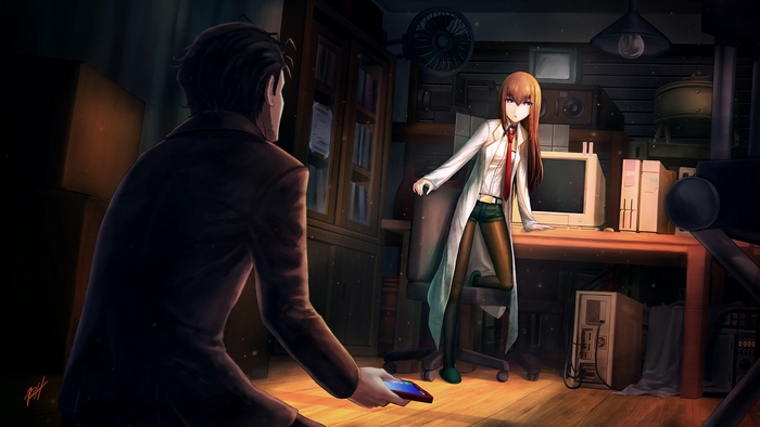 Rintaro Okabe and Kurisu Makise in a lab