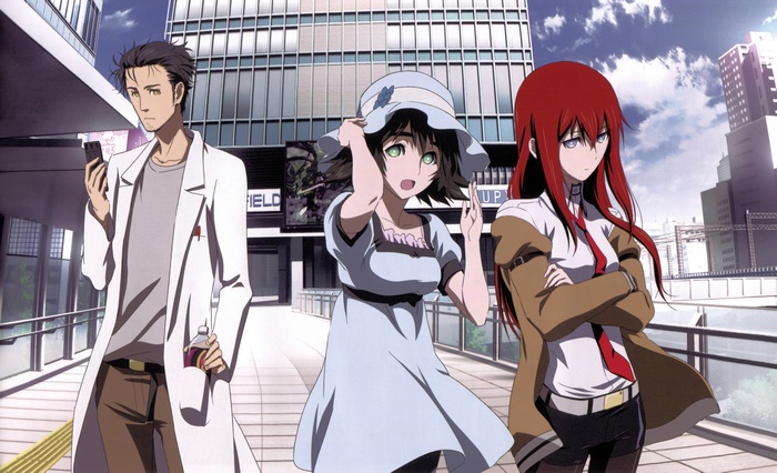 Rintaro Okabe and two women from Steins;Gate
