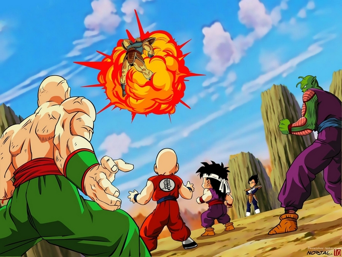 Piccolo and allies fighting Nappa and Vegeta from Dragon Ball Z