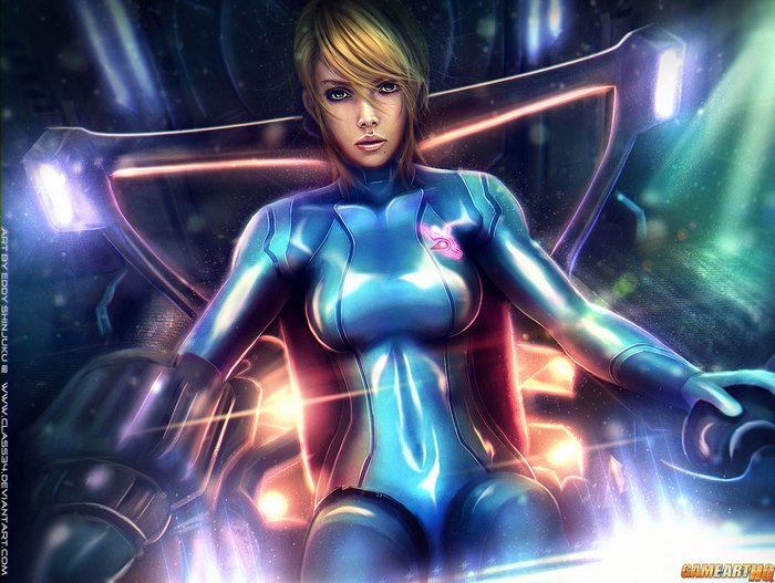 Samus Aran in a blue suit