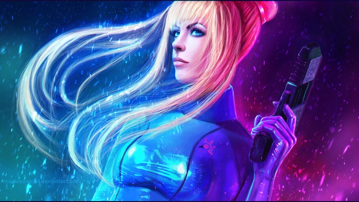 Samus Aran from Metroid holding a gun