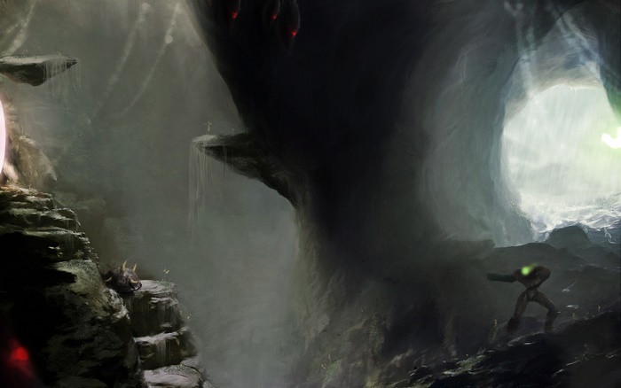 Samus Aran in a dark cave