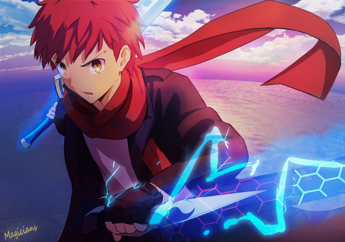 Shirou Emiya from Fate/stay night with glowing swords