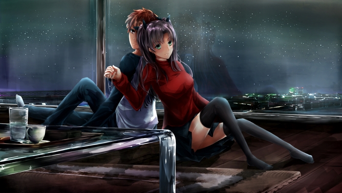 Shirou Emiya and Rin Tohsaka sitting by a window at night