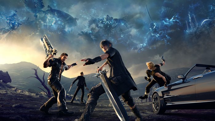 Final Fantasy XV: Noctis and allies battle a giant monster
