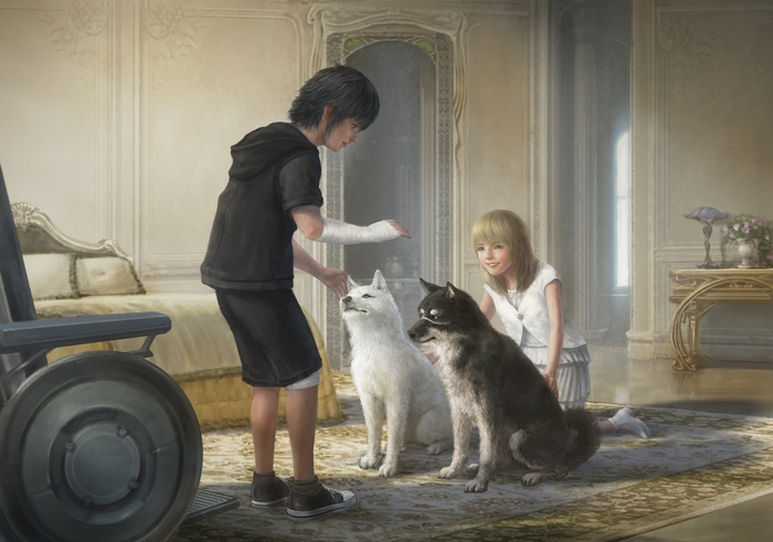 Noctis Lucis Caelum with two dogs and a girl