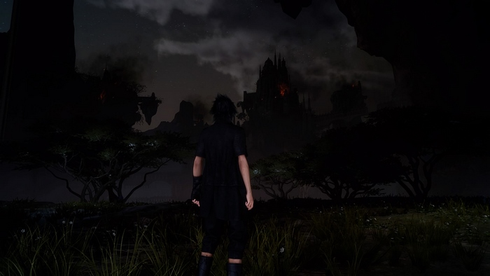 Noctis Lucis Caelum in front of a dark castle