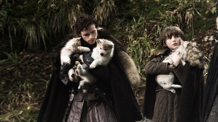 Jon Snow and Bran Stark with Direwolf Pups