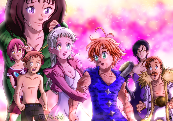 The Seven Deadly Sins characters in a pink floral background