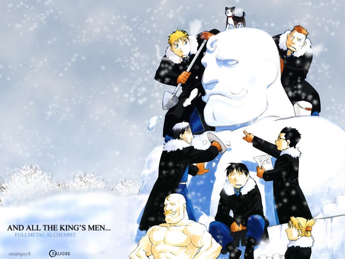 Fullmetal Alchemist characters building a snowman