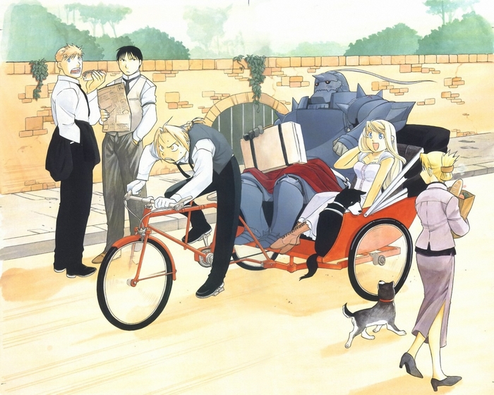Fullmetal Alchemist characters in a rickshaw