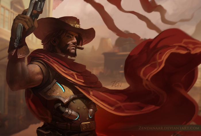 McCree from Overwatch holding a revolver