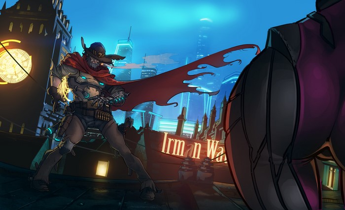 McCree from Overwatch in a futuristic city