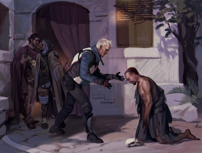 McCree from Overwatch interacting with a beggar