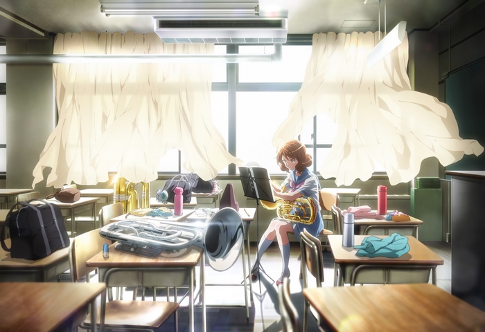 Kumiko Oumae playing a euphonium in a classroom