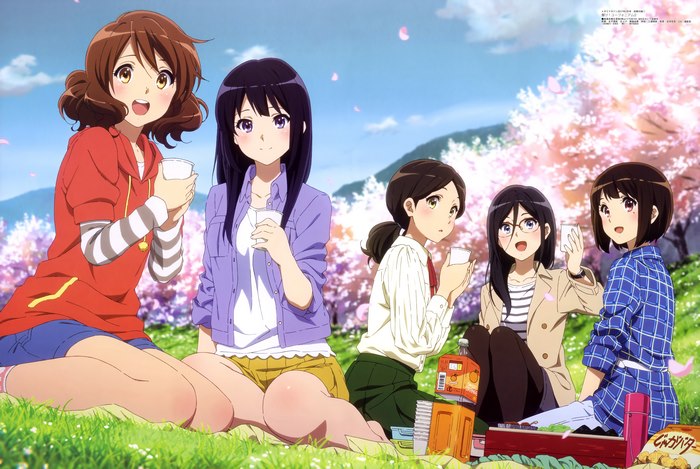 Kumiko Oumae and friends having a picnic under cherry blossoms