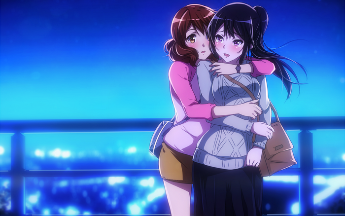 Kumiko Oumae hugging a friend at night