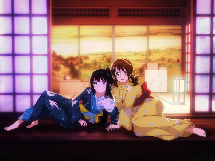 Two girls in kimonos in a Japanese room