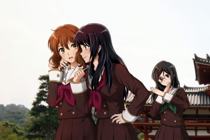 Kumiko Oumae and friends at a temple
