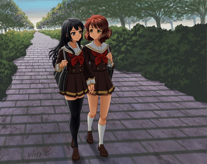 Kumiko Oumae holding hands with a friend walking