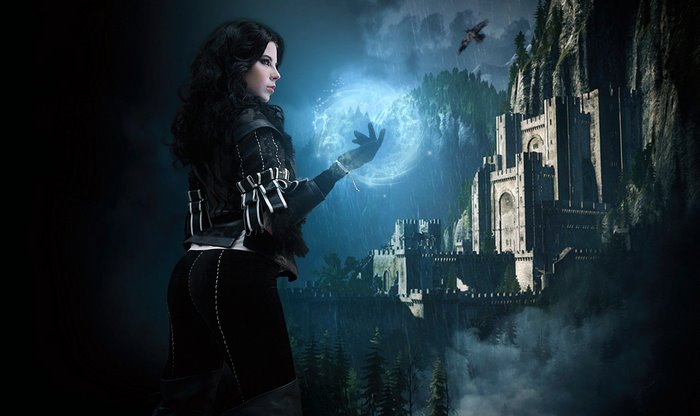 Yennefer of Vengerberg casting a spell near a castle