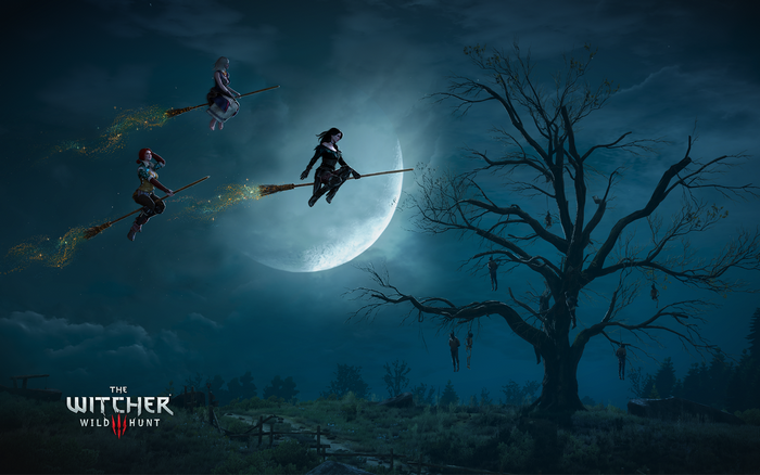 Witches from The Witcher 3: Wild Hunt flying on brooms