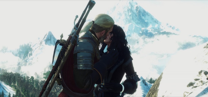 Geralt and Yennefer of Vengerberg kissing in mountains