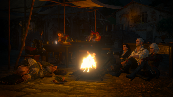 The Witcher 3: Wild Hunt characters by campfire