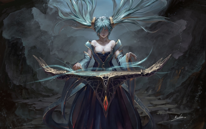 Sona from League of Legends playing a magical instrument