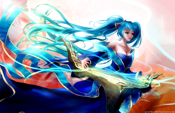 Sona from League of Legends playing a musical instrument