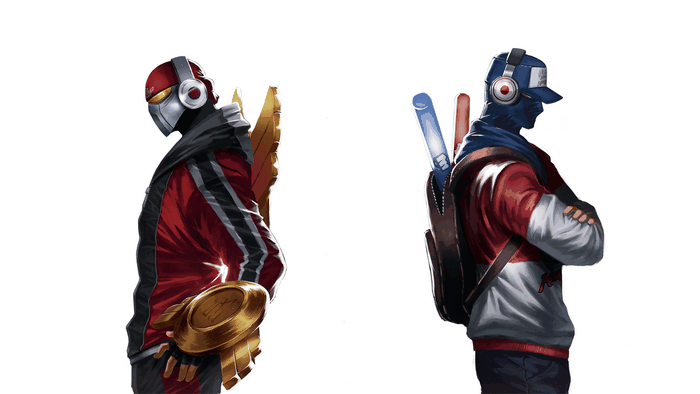 Two masked figures with headphones