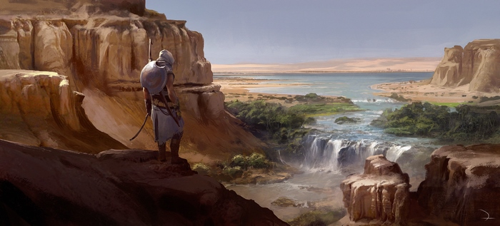 Bayek of Siwa overlooking a river with waterfalls