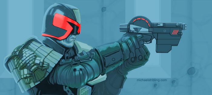 Judge Dredd holding a Lawgiver pistol