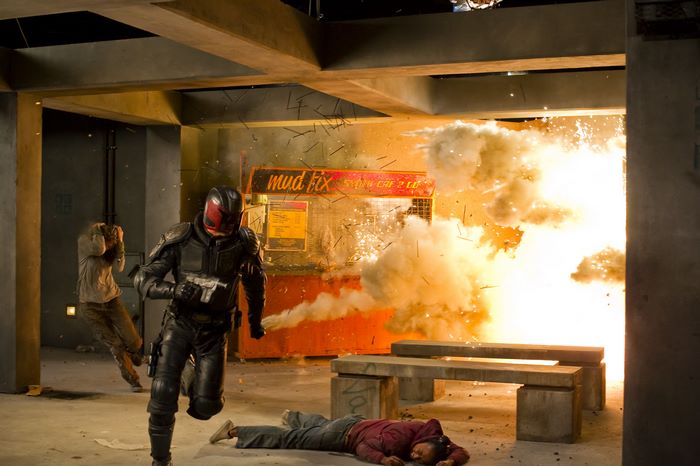 Judge Dredd in an explosion