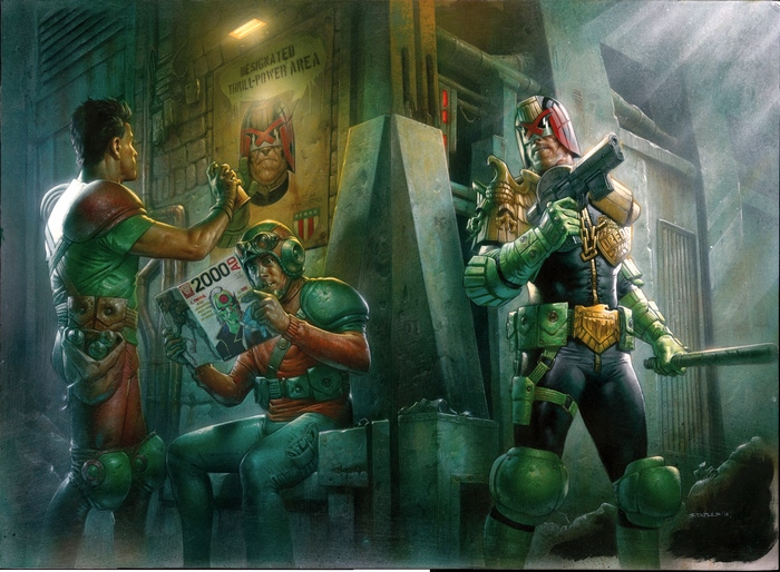 Judge Dredd and allies in a gritty urban setting