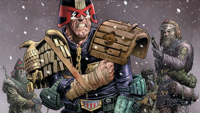 Judge Dredd and allies in a snowy environment