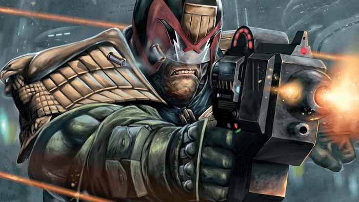 Judge Dredd firing his Lawgiver