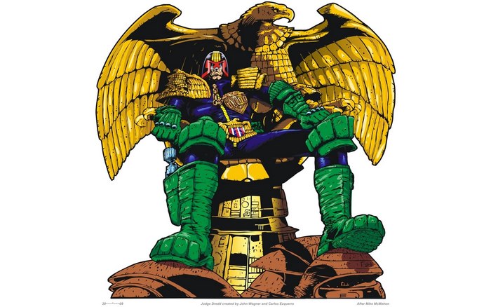 Judge Dredd on a throne with an eagle