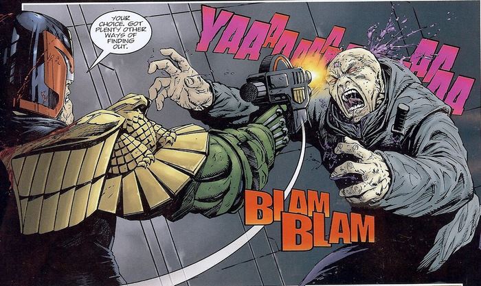 Judge Dredd fighting a bald man