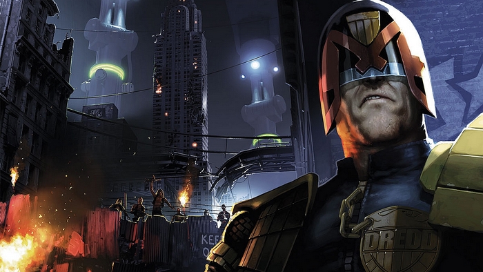 Judge Dredd in a dystopian city