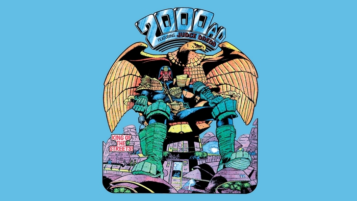 Judge Dredd from 2000 AD sitting on a throne